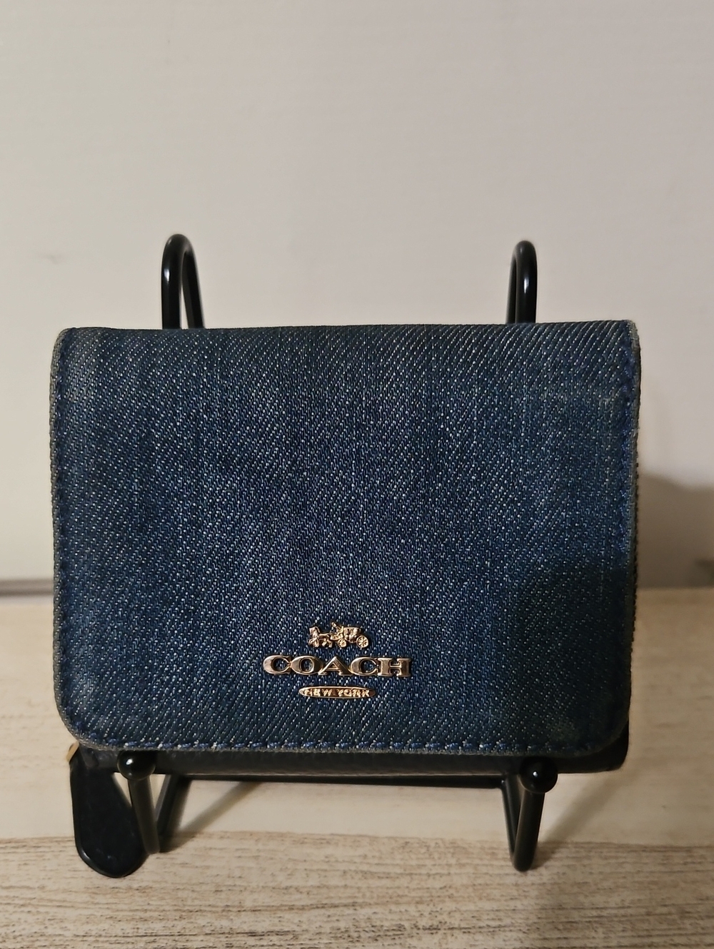 Coach EUC Denim Compact Wallet with Gold Logo - Dark Blue